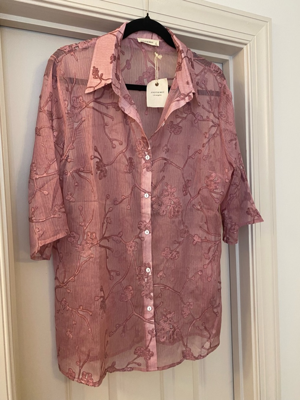 NWT AND THE WHY Large Sheer Embroidered Purple Pink Floral Button-Down Blouse
